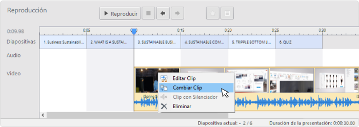 Opcion de cambiar Clip option en la línea de tiempo del editor