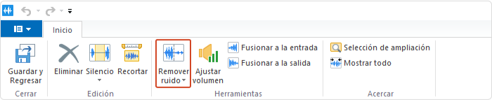 Botón de Eliminar Ruido en la barra de herramientas del Editor de Video