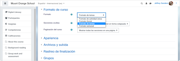 Eligiendo el formato del curso de la lista desplegable