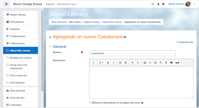 Menú de edición del cuestionario en Moodle