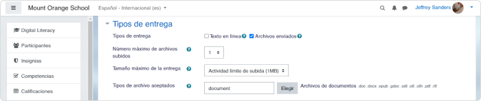 Ajustes de los tipos de entregas en Moodle