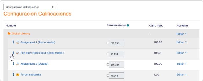 Configuración de las categorías de las calificaciones en Moodle