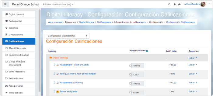 Configuración de calificaciones en Moodle