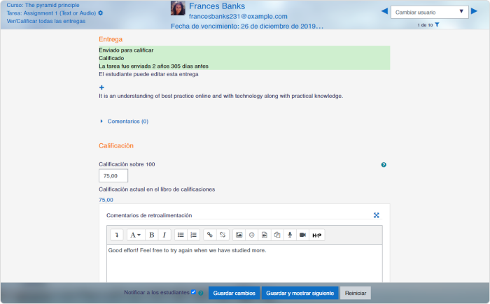 Interfaz de calificación de entregas en Moodle