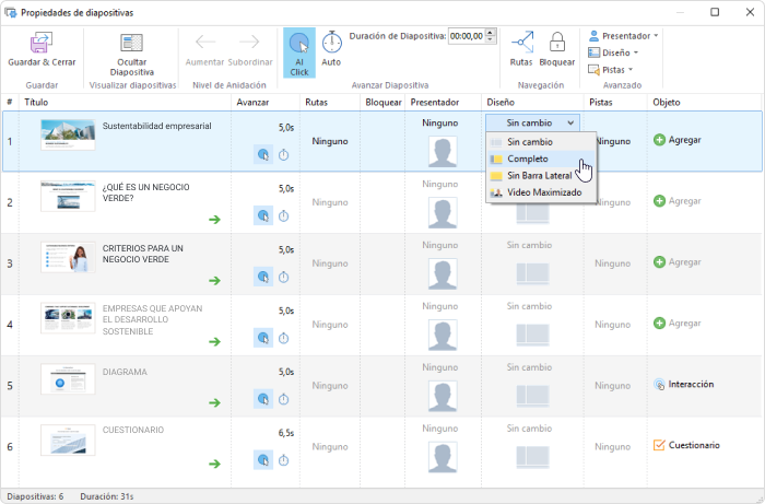 El explorador de presentación en iSpring Suite