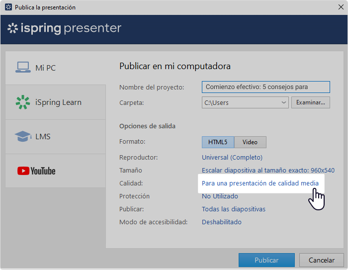 Publicar una presentación en iSpring Presenter