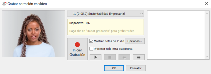 La ventana de Grabación de Narración de Video en iSpring Suite