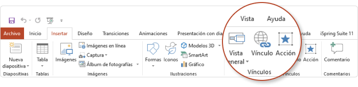 Sección de vínculos y acciones en la barra de herramientas de PowerPoint