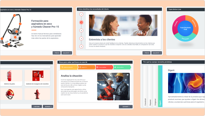 Programa de capacitación con escenarios interactivos, simulaciones, cuestionarios y retos gamificados